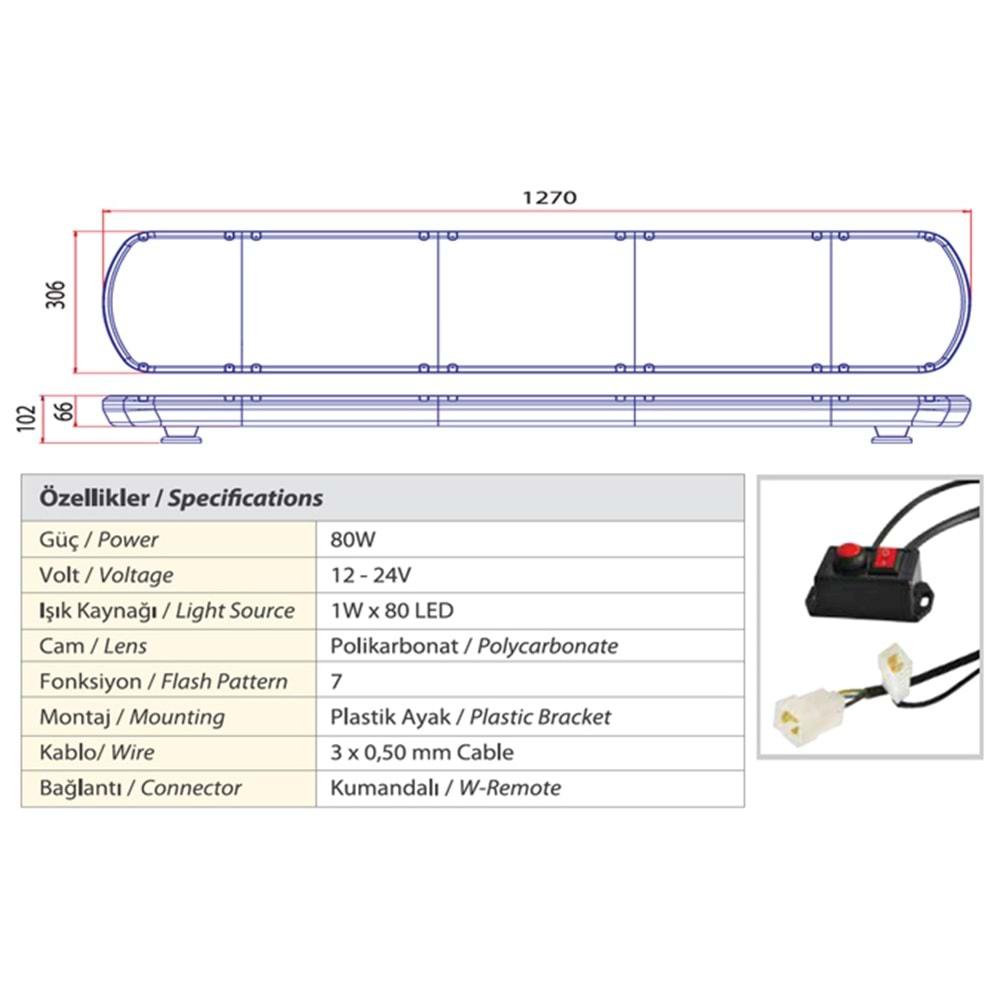 TRAFIK IKAZ LAMBASI LED MAVI KOMPLE SEFFAF 127 CM