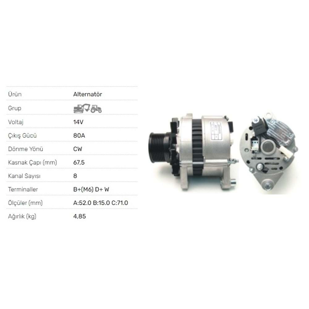 ALT DINAMO 12V 80A TURK TRAKTOR