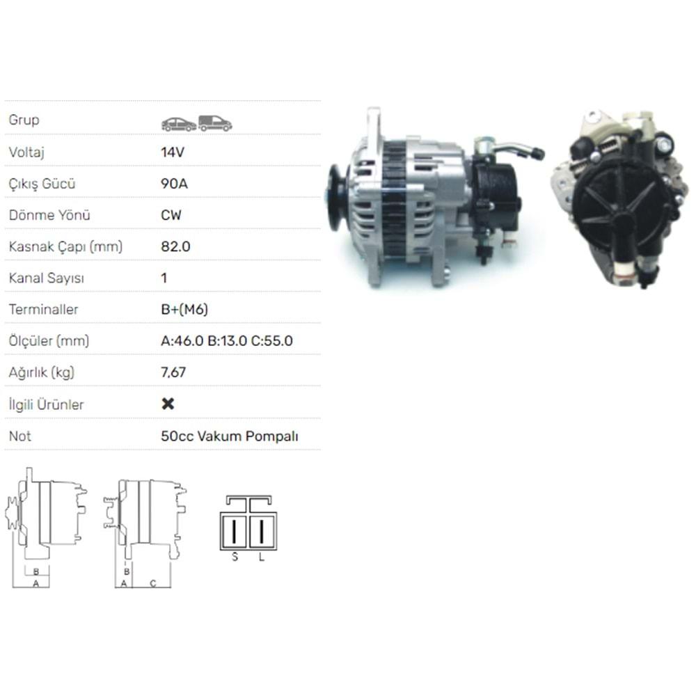 ALT DINAMO 12V 90A MITSUBISHI L300 YM TEK KASNAK VAKUMLU ALT-V026