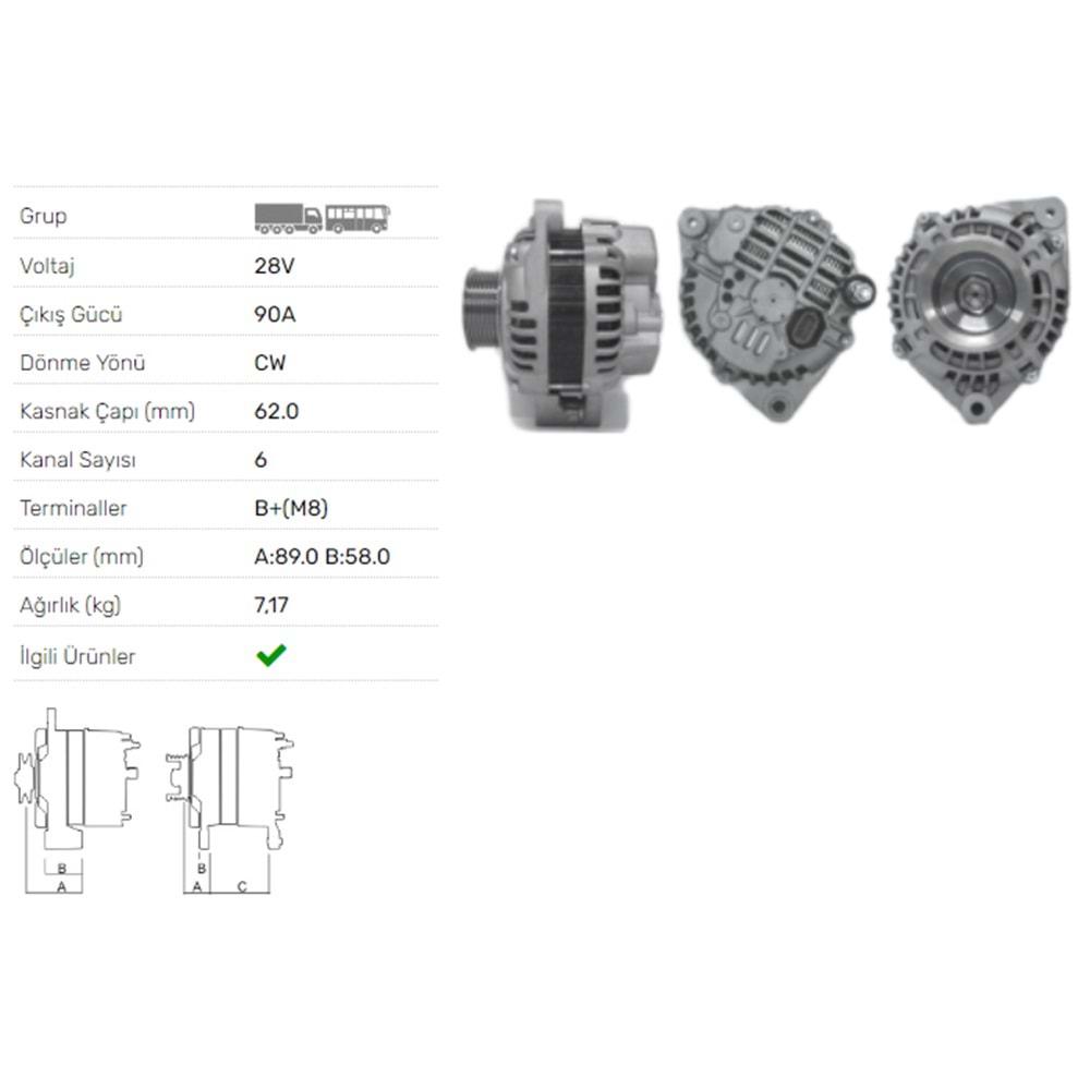 ALTERNATOR 28V 90A IVECO EURO TECH 190E24,190E27, STRALIS-TRAKKER