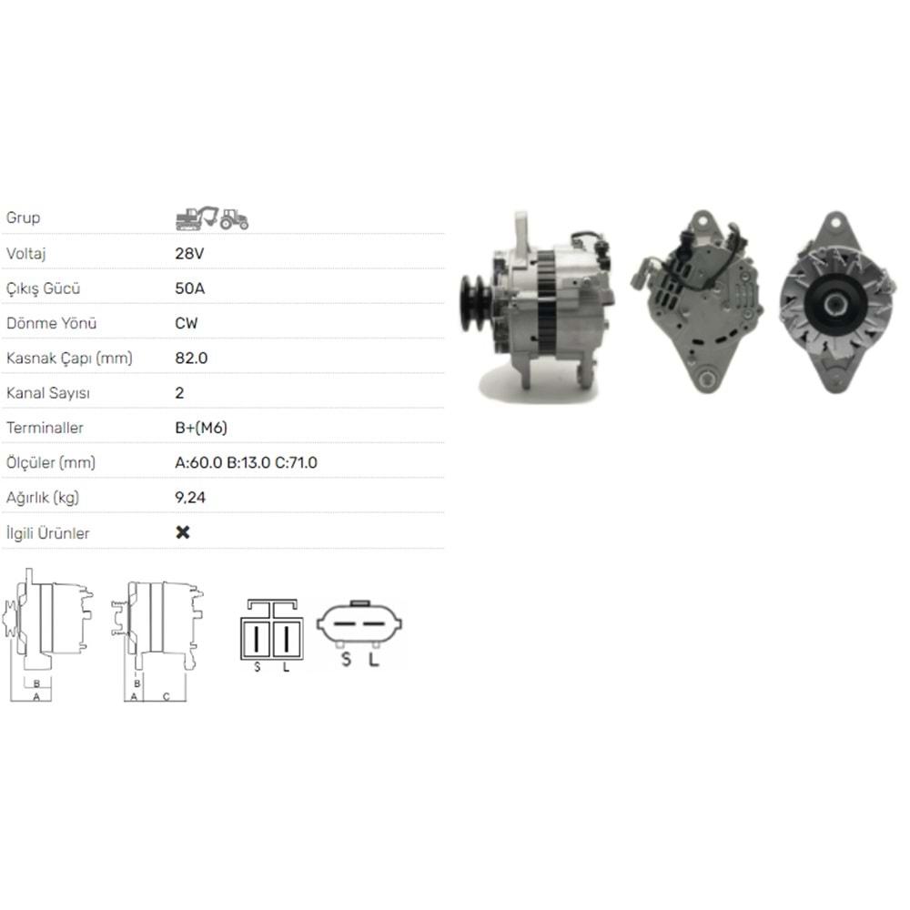 ALTERNATOR 28V 50A ISUZU-JOHN DEERE-NEW HOLLAND