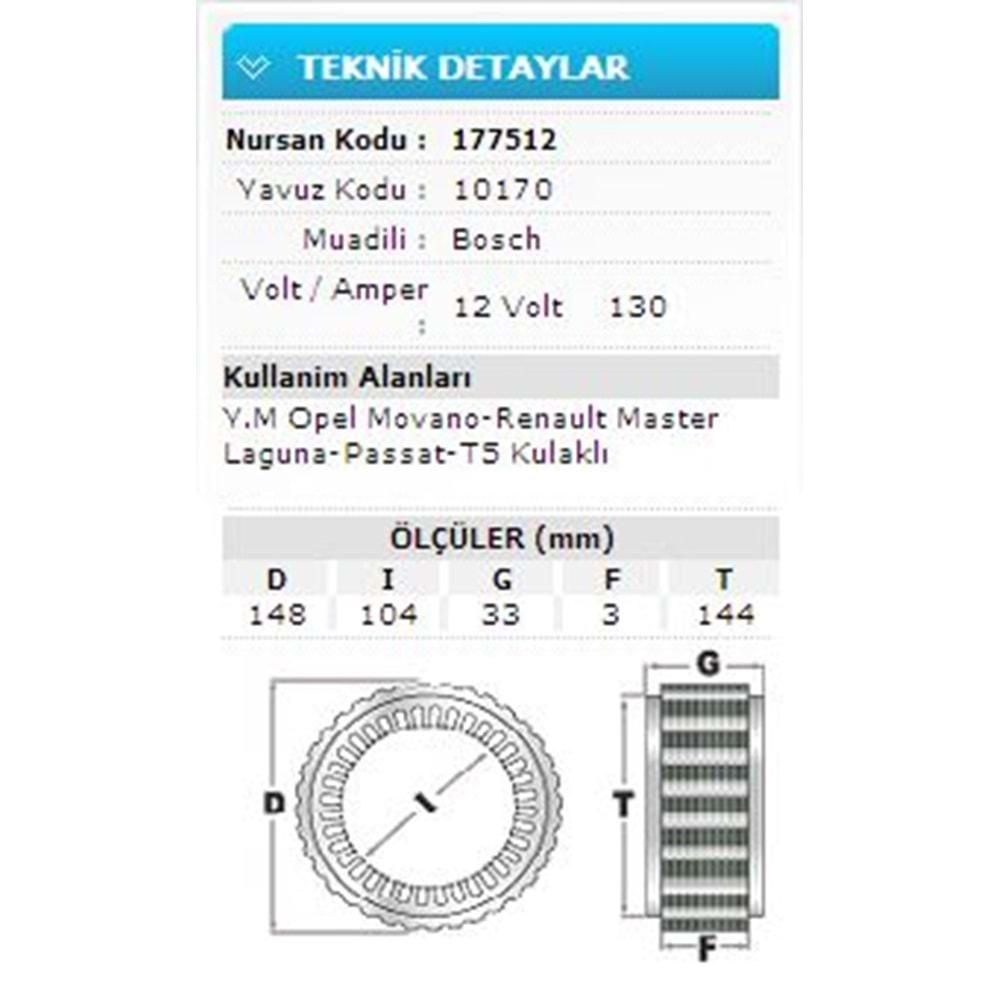 12V 130A YM OPEL MOV-R.MASTER LAGU-PASS-T5 VW10170