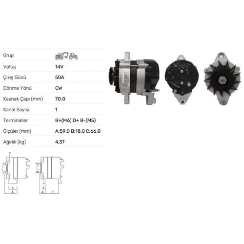 ALTERNATOR A115 12V 50A UZEL-M.F TRAKTÖR MF240- 240S-255EP-260G(TAKOMETRE UÇLU)(1999 SONRASI)