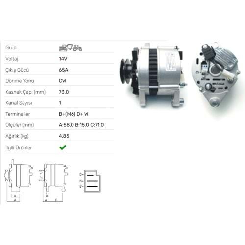 ALT DINAMO 12V 65A TURK TRAKTOR 2 KAYISLI KASNAK