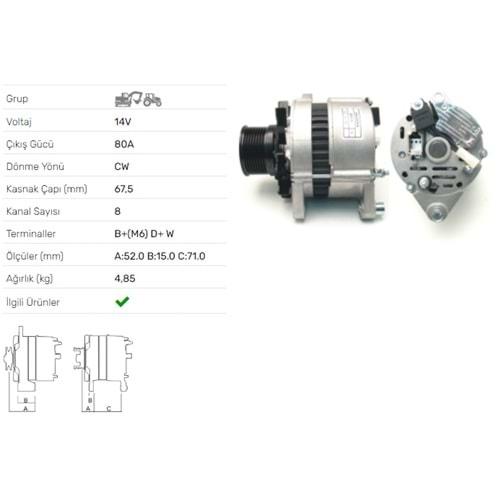 ALT DINAMO 12V 80A TURK TRAKTOR 8 KANALLI
