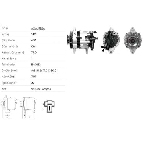 ALT DINAMO 14V 60A V.P. ASIA ROCSTA 2.2 DIESEL 4X4 KIA BESTA 2.2D