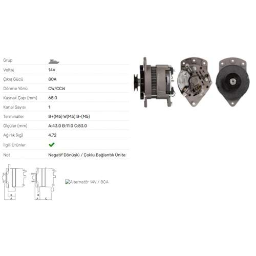 ALT DINAMO 14V 80A UNIVERSAL