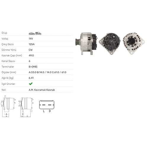 ALT DINAMO 14V 125A MITSUBISHI CARISMA 1,9 SEDAN 1,9DI SPACE STAR 1,9