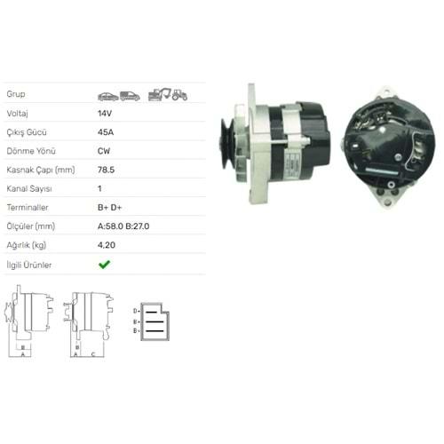 ALT DINAMO 14V 45A MASSEY FERGUSON 133 135 140 145