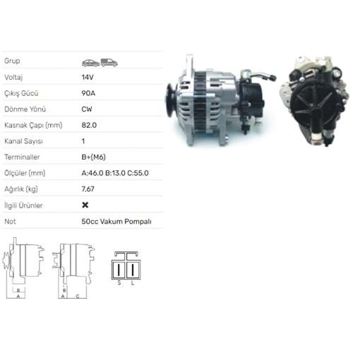 ALT DINAMO 12V 90A MITSUBISHI L300 YM TEK KASNAK VAKUMLU ALT-V026
