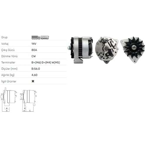 ALTERNATOR 14V 80A DEUTZ FAHR(KHD)1320,1322H,1620H 2685,2480,2580,2680,2780,