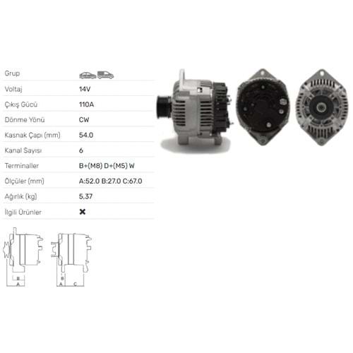 ALTERNATOR 14V 100A OPEL ARENA MOVANO A2,5 D- RENAULT MASTER II 2.5D 2,8 TDI