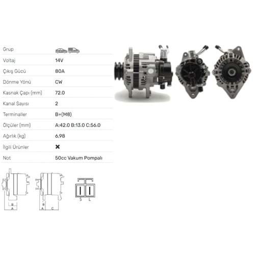 ALTERNATOR 14V 80A MITSUBISHI CHALLENGER 2.5 TD, L200 II L 400 2.5 D
