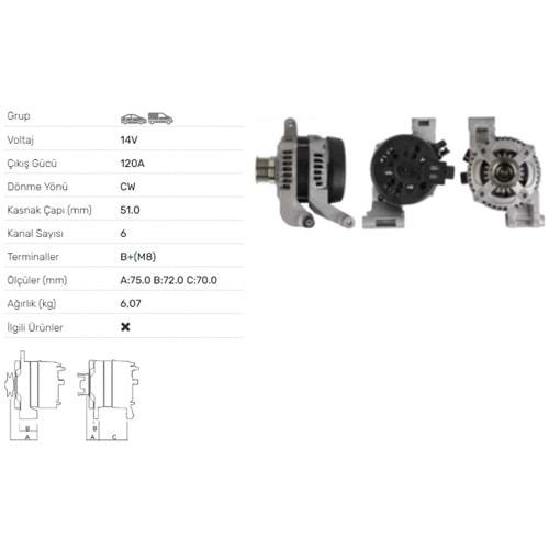 ALTERNATOR 14V 120A FORD C-MAX I 1.8 2.0,FOCUS C- MAX 1.8,2.0, FOCUS II 2.0
