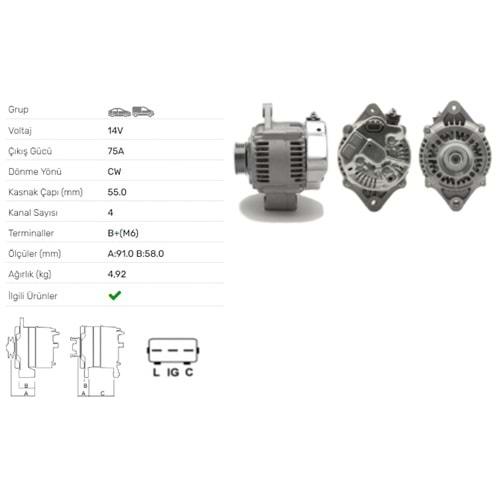 ALTERNATOR 14V 75A SUZUKI IGNIS I 1.3,II 1.5,JIMNY 1.3,LIANA 1.3 1.6i