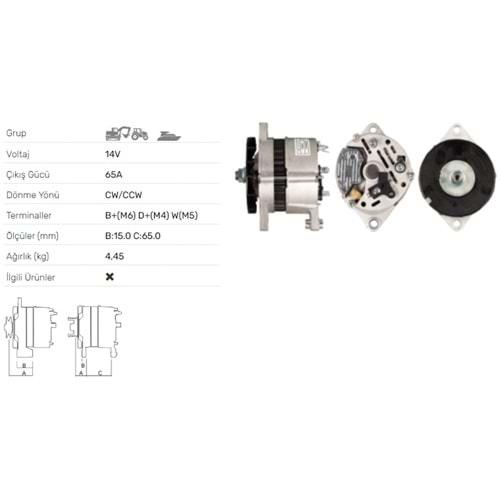 ALTERNATOR 14V 65A AGCO,LAMBORGHINI TRACTORS, MASSEY FERGUSON,NEW HOLLAND