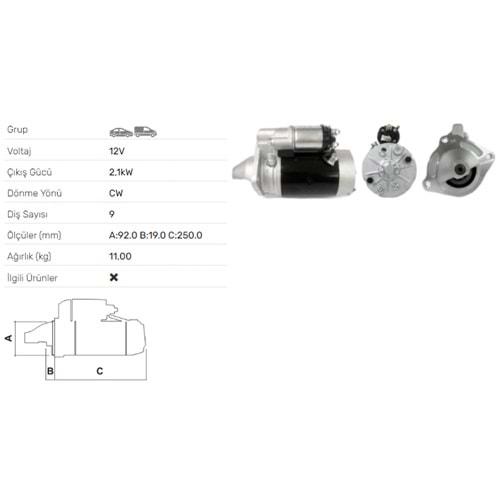 MARS MOTORU 12V 2.1KW 9 DIS LAND ROVER DEFENDER 90 110 2,5 D