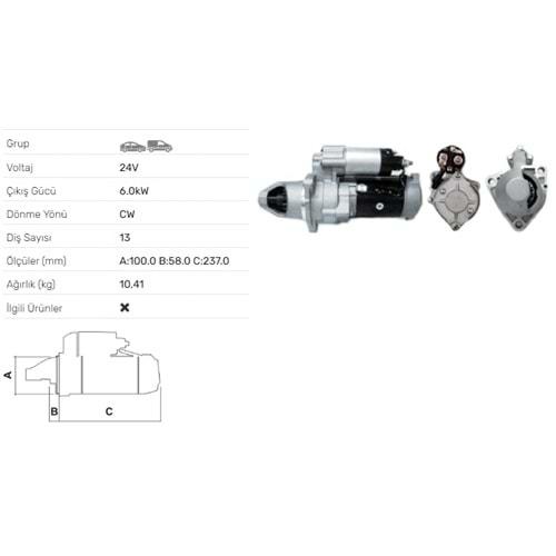 MARS MOTORU 24V 6.0KW 13 DIS MITSUBISHI FUSO CANTER FV412 FV415 FV416 STR-9106