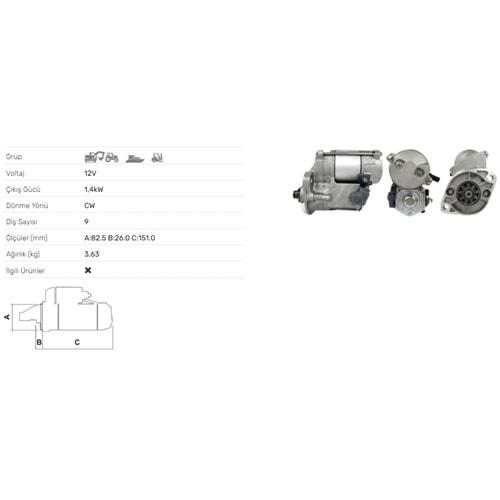 MARS MOTORU 12V 1,4KW 9 DIS KUBOTA COMPACT TRAKTOR STR-8019