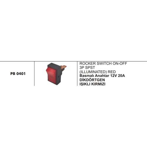 BASMALI ANAHTAR 12V 20A DİKDÖRTGEN IŞIKLI KIRMIZI